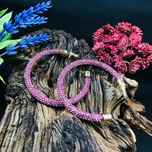 bebe Pink Rhinestone Studded Hoop Earrings - Picture 7 of 10